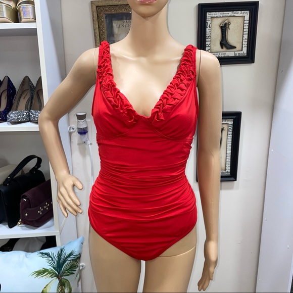 Jantzen Red Ruffle V Neck Swimsuit Size 14 Excellent Condition - Picture 2 of 14